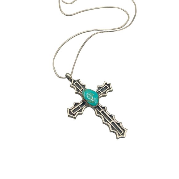 Vintage Sterling Silver & Turquoise Cross Necklace Handcrafted Native Jewelry - Picture 1 of 11